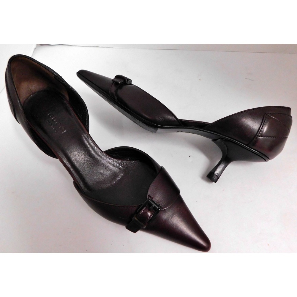 Gucci Brown Leather Pointed Buckle Kitten Heel Pumps Sz 35 C - Picture 2 of 6